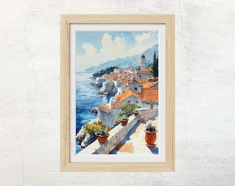 Mediterranean Village Watercolor Art Print: Coastal Italy (Digital Download)