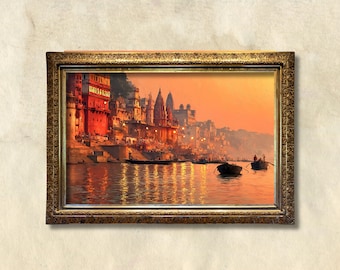 Varanasi Sunrise Wall Art, Morning Aarti Ganges Painting, Spiritual India Digital Download, Indian Temple River Art