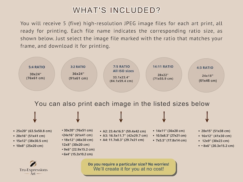 May include: A beige informational graphic with text detailing included image file sizes for art prints. It lists various ratios and dimensions, including 30x24 inches (76x61 cm) and 28x22 inches (71x55.9 cm).