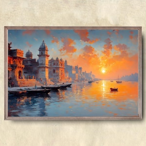 Puede incluir: Pintura enmarcada que representa un paisaje acuático al atardecer. La obra muestra edificios a la orilla del agua, con barcos en el agua. El cielo está lleno de tonos naranjas y amarillos, reflejándose en el agua.