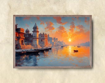 Varanasi River Sunset Art Print: Indian Cityscape (Digital Download)