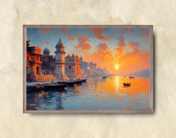 Varanasi River Sunset Art Print: Indian Cityscape (Digital Download)