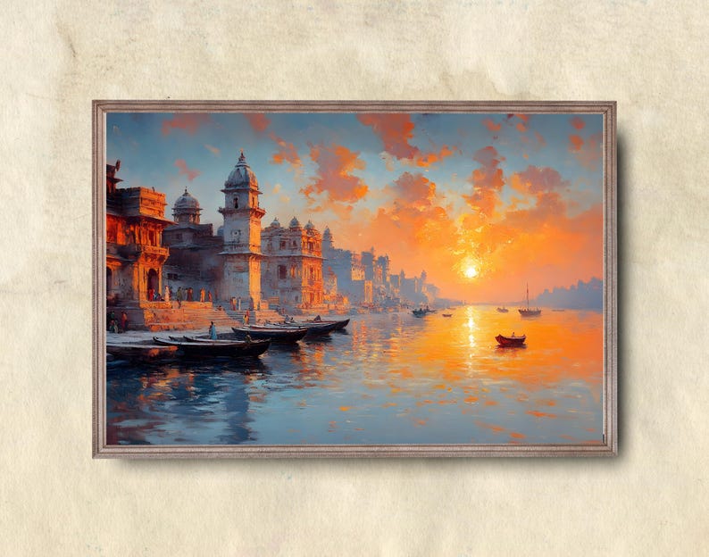 May include: A framed painting depicts a serene waterscape at sunset. The artwork showcases buildings along the water's edge, with boats floating on the water. The sky is filled with orange and yellow hues, reflecting on the water's surface.
