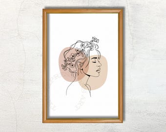 Floral Woman Line Art Print, Boho Neutral Decor (Digital Download)