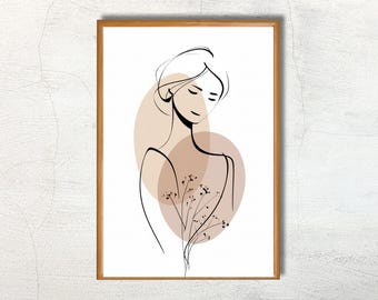 Abstract Minimalist Woman Line Art Print, Modern Feminine Wall Art, Neutral Boho Printable Art, Contemporary Decor