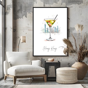 Impresión artística de pared de Martini de Hong Kong: póster de cóctel con vista al horizonte de la ciudad, descarga digital de arte lineal moderno, decoración para bar o cocina, regalo de viaje instantáneo