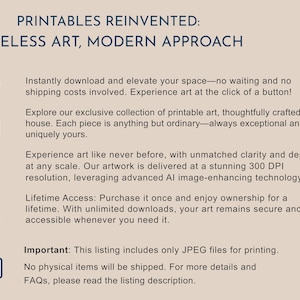 May include: Cream-colored graphic with the text "PRINTABLES REINVENTED: TIMELESS ART, MODERN APPROACH." The image includes icons representing downloads, art supplies, a magnifying glass, and a lock. Text describes digital art.