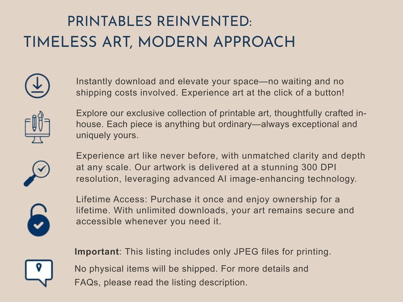 May include: Cream-colored graphic with the text "PRINTABLES REINVENTED: TIMELESS ART, MODERN APPROACH." The image includes icons representing downloads, art supplies, a magnifying glass, and a lock. Text describes digital art.