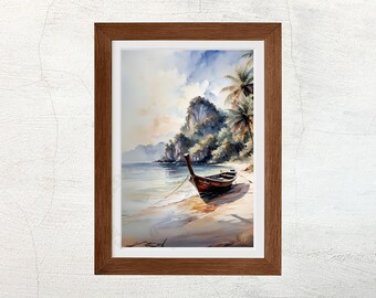 Impression d'art aquarelle Thaïlande Longtail Boat : décoration de plage tropicale (téléchargement numérique)