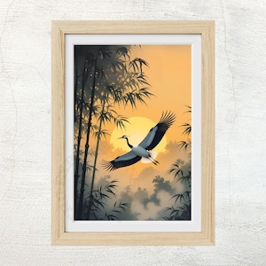 Japandi Crane Bird Poster, Scroll Wall Art Print with Heron, Minimalist Japanese Landscape, Flock of Birds Digital Download 3