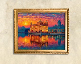 Golden Temple Wall Art, Amritsar Sunset Reflection Painting, Sacred India Digital Download