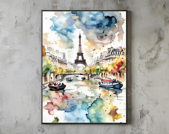 Impression aquarelle de la Tour Eiffel de Paris : paysage urbain romantique de la Seine