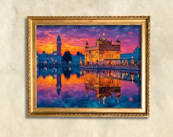 Golden Temple Wall Art, Amritsar Sunset Reflection Painting, Sacred India Digital Download