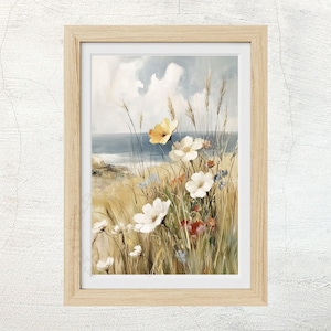 French Coastal Daisy Landscape - Printable Vintage Summer Wall Art, Seaside Digital Painting, Rustic Beach Cottage Decor 2e06