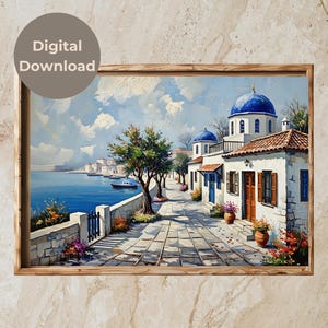 Santorini Print: Greek Seaside Village, Blue Dome Coastal Art (Digital Download)