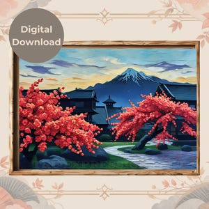 Mount Fuji Art Print: Japanese Garden Cherry Blossom Landscape (Digital Download)