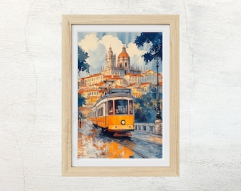 Strassenbahn von Lissabon: Vintage Portugal Stadtbild Stadtansicht Aquarell (Digitaler Download)