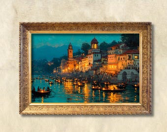 Rishikesh Ganga Aarti Wall Art, Floating Lamps River Painting, Spiritual India Evening Art Download