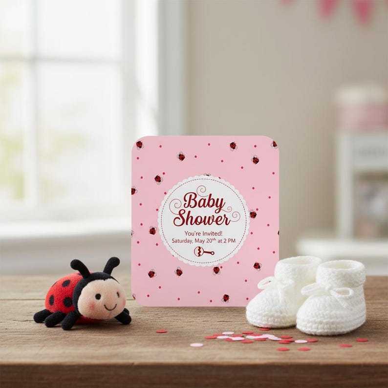 May include: A baby shower invitation with a pink background and ladybug pattern. The invitation reads "Baby Shower" and includes the date and time. A plush ladybug and white baby booties are also present.