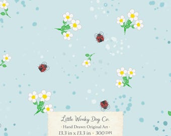 Spring Blue Daisy Ladybug Pattern - Sublimation Design - Washi Tape Print - Instant Download