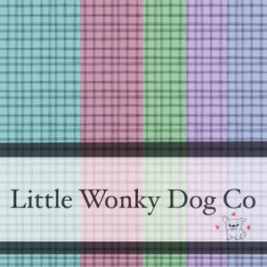 May include: A digital pattern featuring vertical stripes of pastel colors: teal, mauve, green, lavender, and light blue. Each stripe has a grid pattern. The text "Little Wonky Dog Co" is displayed on a white banner, with a dog illustration.