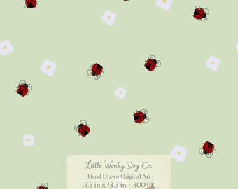 Sage Green Ditsy Floral Ladybug Seamless Pattern - Cottagecore Daisy Design - Girly Fabric Print (Digital Download)