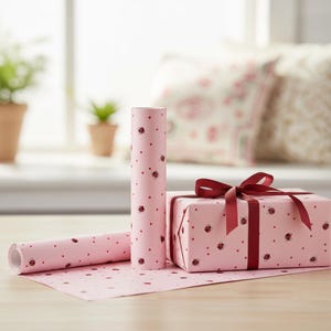 May include: Pink gift wrap and a wrapped gift with a burgundy ribbon. The gift wrap and gift box are decorated with red ladybug and dot patterns. A roll of gift wrap is also visible.