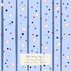 Puede incluir: Patrón de béisbol azul claro con pelotas de béisbol, diamantes rojos y círculos azules, con rayas verticales. El diseño incluye el texto "Little Wonky Dog Co." y "Hand Drawn Original Art." La imagen mide 33,8 cm x 33,8 cm.