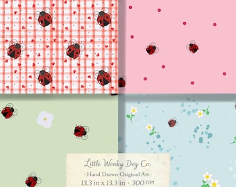 Ladybug Seamless Pattern Bundle, Pastel Spring Designs, Hand Drawn Art (Digital Download)