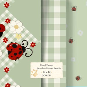 May include: A digital graphic design featuring a seamless pattern bundle with sage green gingham, red ladybugs, and white flowers. The text reads Hand Drawn Seamless Pattern Bundle 12 x 12 300 DPI. The design includes repeating ladybug and floral motifs.