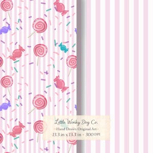 Könnte beinhalten: Ein digitales Muster mit vertikalen rosa-weißen Streifen, verziert mit Illustrationen von rosa Wirbellollis, eingewickelten Bonbons in Rosa, Lila und Türkis sowie bunten Streuseln. Text: Little Wonky Dog Co. Hand Drawn Original Art 33,8 cm x 33,8 cm 300 DPI.