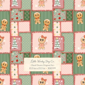 May include: A digital pattern featuring a patchwork quilt design with alternating squares of gingerbread people, Christmas trees, candy canes, and stripes in shades of sage green, soft pink, and white. Text reads Little Wonky Dog Co. Hand Drawn Original Art 33.8 cm x 33.8 cm 300 DPI.