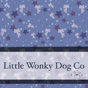 May include: A blue background with a pattern of white bows, dark blue and maroon stars, and white dots. The text "Little Wonky Dog Co" is displayed on a white banner, with a small dog illustration.