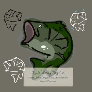 Può includere: Illustrazione disegnata a mano di un pesce persico verde con la bocca aperta, circondato da tre piccoli contorni di pesce. L'immagine include il testo "Little Wonkey Dog Co." e "Hand Drawn Original PNG Illustrations done in Procreate."