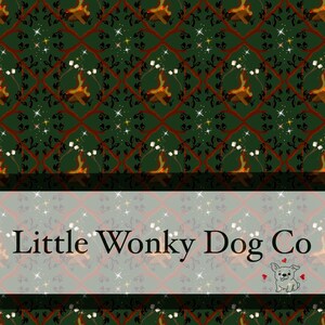 May include: A repeating pattern featuring a dark green background with a red lattice design. The pattern includes stylized deer, white starbursts, and sprigs of white flowers. The text "Little Wonky Dog Co" is displayed in a banner at the bottom.