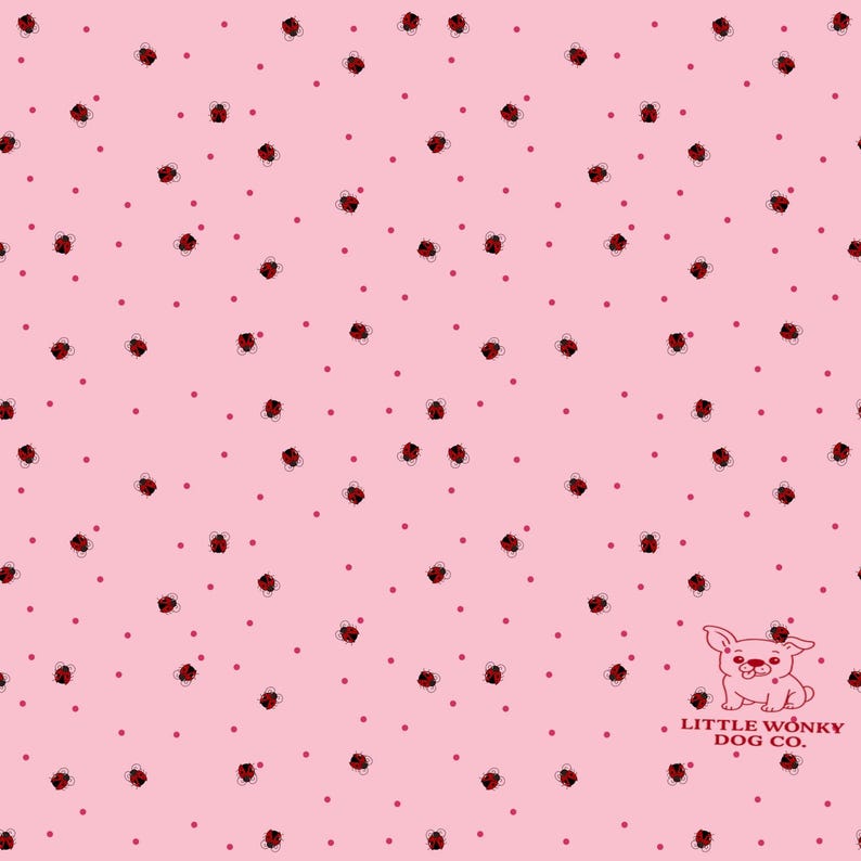 May include: A pink background with a repeating pattern of red roses and small red dots. The lower right corner features a cartoon dog and the text "LITTLE WONKY DOG CO."