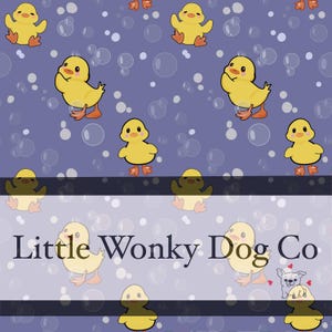 May include: A repeating pattern of yellow cartoon ducks with orange feet and beaks on a purple background with white bubbles. The text "Little Wonky Dog Co" is displayed in white on a dark purple banner.