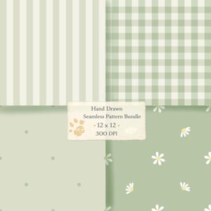 May include: A seamless pattern bundle featuring four different designs. The patterns include vertical stripes, gingham, polka dots, and a floral design with daisies. The color palette is soft, with shades of green and white. The text on the image reads "Hand Drawn Seamless Pattern Bundle - 12 x 12 - 300 DPI."