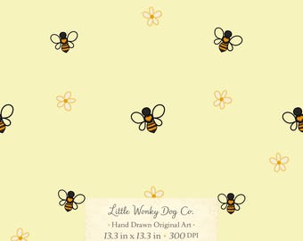 Bee Seamless Pattern – Storybook Bees, Daisies, Pastel Yellow (Digital Download)