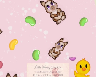 Kawaii Rosa Osterhasen und Küken Nahtloses Muster - Sublimationsdesign | (Digitaler Download)