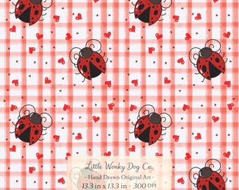 Red Gingham Hearts and Ladybugs Seamless Pattern - Sublimation Design - Digital Paper - Instant Download