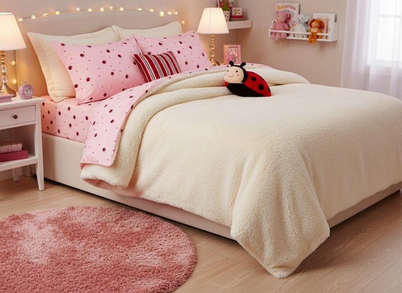 May include: A bedroom scene featuring a bed with pink ladybug-patterned bedding and a cream-colored comforter. A red and black ladybug plush toy rests on the bed. A pink rug and a white nightstand with a lamp complete the cozy setting.