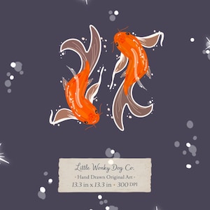 Puede incluir: Ilustración de dos peces koi naranjas con detalles blancos y marrones sobre un fondo azul oscuro. La obra de arte está etiquetada como "Little Wonky Dog Co." y mide 33,8 cm x 33,8 cm.