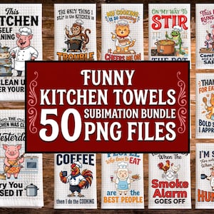 May include: A collection of white waffle-textured kitchen towels featuring various colorful cartoon illustrations of animals like pigs, cats, monkeys, and roosters, each paired with humorous text captions about cooking, cleaning, and kitchen life.