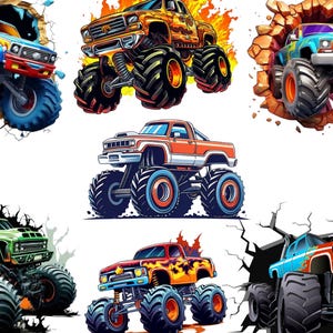 May include: A collection of colorful monster truck illustrations. The trucks feature large tires, custom paint jobs, and are depicted in various action poses, including bursting through walls. The color palette includes red, blue, orange, and green.