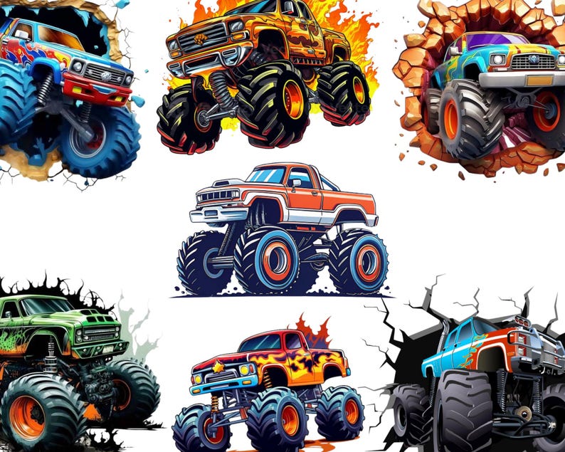 May include: A collection of colorful monster truck illustrations. The trucks feature large tires, custom paint jobs, and are depicted in various action poses, including bursting through walls. The color palette includes red, blue, orange, and green.