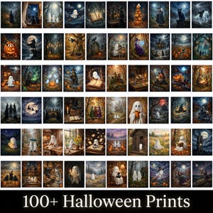May include: A collection of over 100 Halloween-themed digital art prints featuring various scenes with ghosts, witches, pumpkins, black cats, and moonlit forests. The images display a dark, atmospheric colour palette with orange, purple, and blue tones.