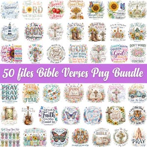 May include: A digital collection of 50 circular graphic designs featuring floral motifs, butterflies, crosses, and inspirational religious text. The images include illustrations of sunflowers, boots, lanterns, and animals, all centered on Christian themes and Bible verses.