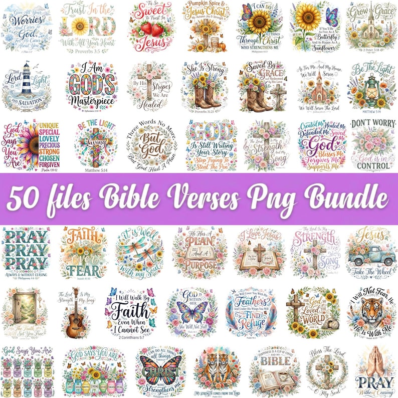 May include: A digital collection of 50 circular graphic designs featuring floral motifs, butterflies, crosses, and inspirational religious text. The images include illustrations of sunflowers, boots, lanterns, and animals, all centered on Christian themes and Bible verses.