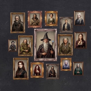 May include: A collection of fourteen framed portraits featuring various individuals in fantasy attire, arranged on a dark background. The central, largest portrait depicts an elderly wizard with a long white beard, a pointed hat, and a staff.